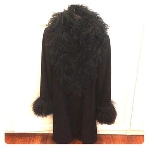 Black wool coat with fur collar and cuffs